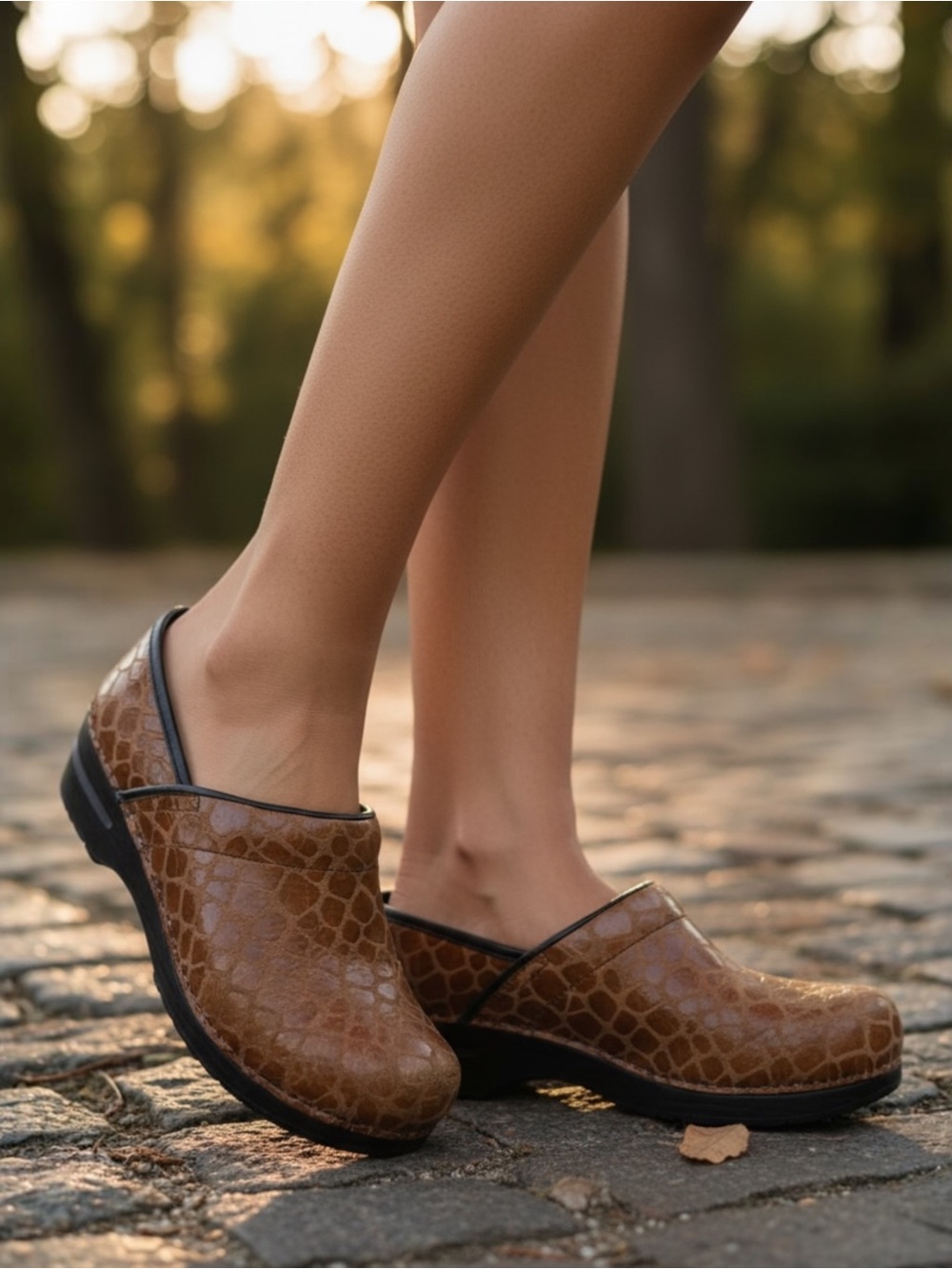 Sanita Brown Croc-Embossed Mules